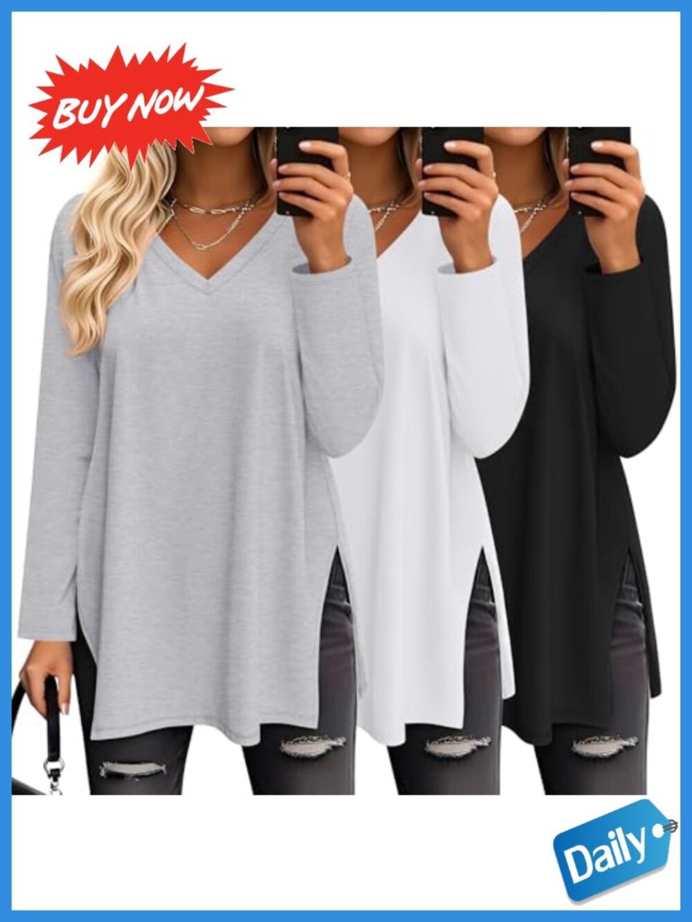 Oversized Long Sleeve V Neck Tunic Tee Shirt Layering Top